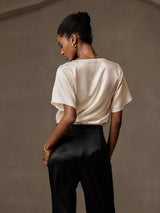[Beige] SilkSilky-FR Short Sleeve Cowl Neck Blouse 002