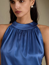 [Bleu Canard Véritable] SilkSilky-FR Sleeveless Halter Femme T-Shirt 004