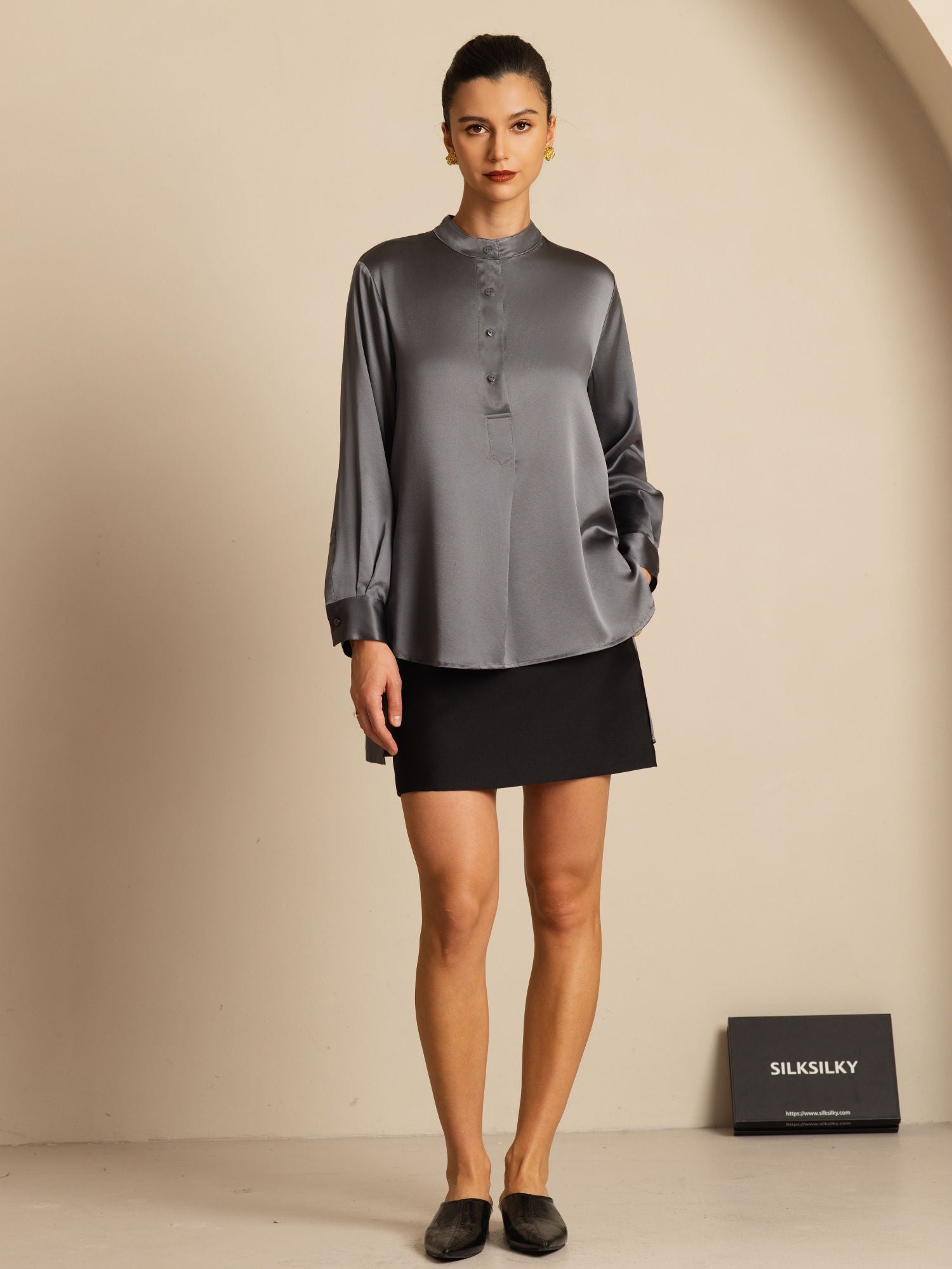 [Gris Foncé] SilkSilky-FR 19Momme Soie Manches longues Col Montant Blouse 009