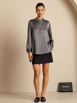 [Gris Foncé] SilkSilky-FR 19Momme Manches longues Col Montant Blouse 009