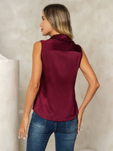 [Rouge Foncé] SilkSilky-FR Sleeveless Lapel Collar Femme Chemise 002