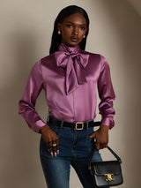 [Violet Foncé] SilkSilky-FR Long Sleeve High Neck Blouse 007