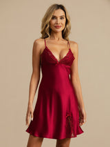 [Rouge Vineux] SilkSilky-FR Sleeveless Deep V Neck Chemises de nuit 004