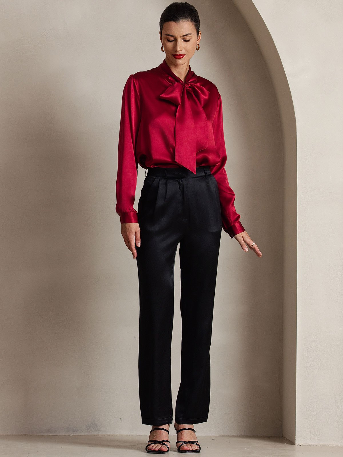 [Rouge Vineux] SilkSilky-FR 19Momme Manches longues À Nouer Blouse 005