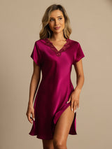 [Rouge Vineux] SilkSilky-FR Short Sleeve V Neck Chemises de nuit 003