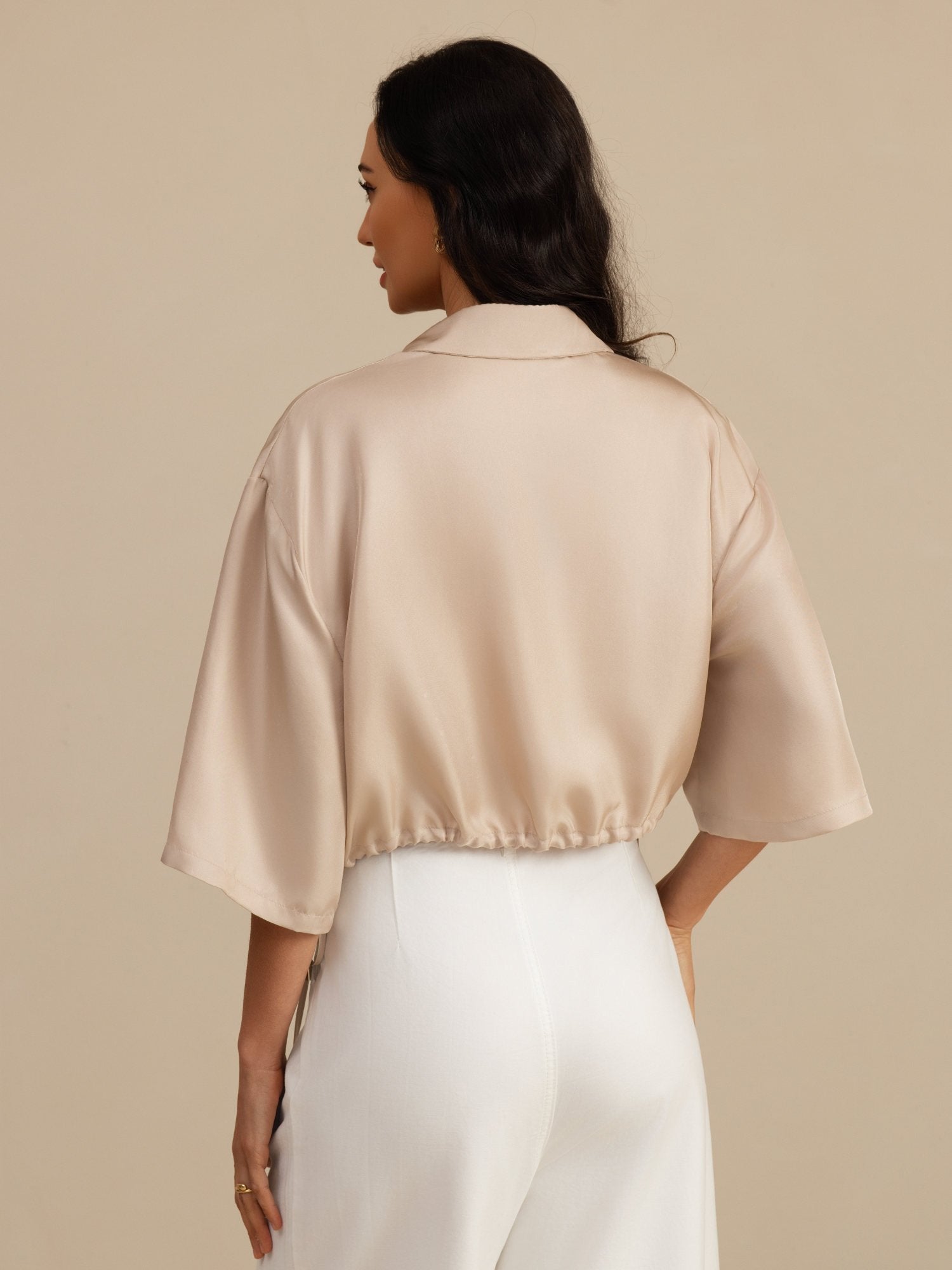 [Tan] SilkSilky-FR 18Momme Manches mi-longues Col à Revers Blouse 002