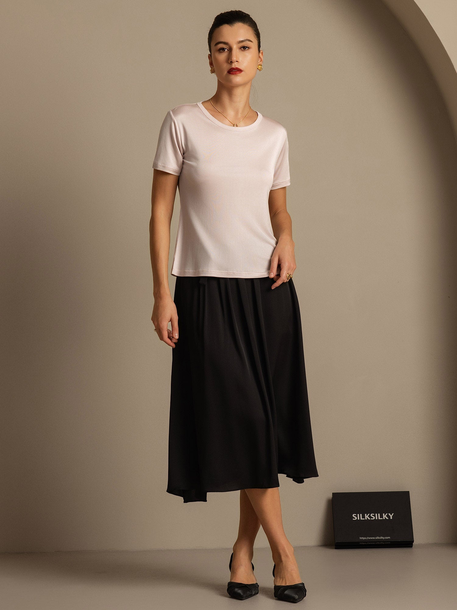 [Rose Clair] SilkSilky-FR Soie Tricotée Col Rond Femme T-Shirt 003,