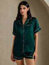 [Vert Foncé] SilkSilky-FR Short Sleeve Lapel Collar Femme Pyjamas 001