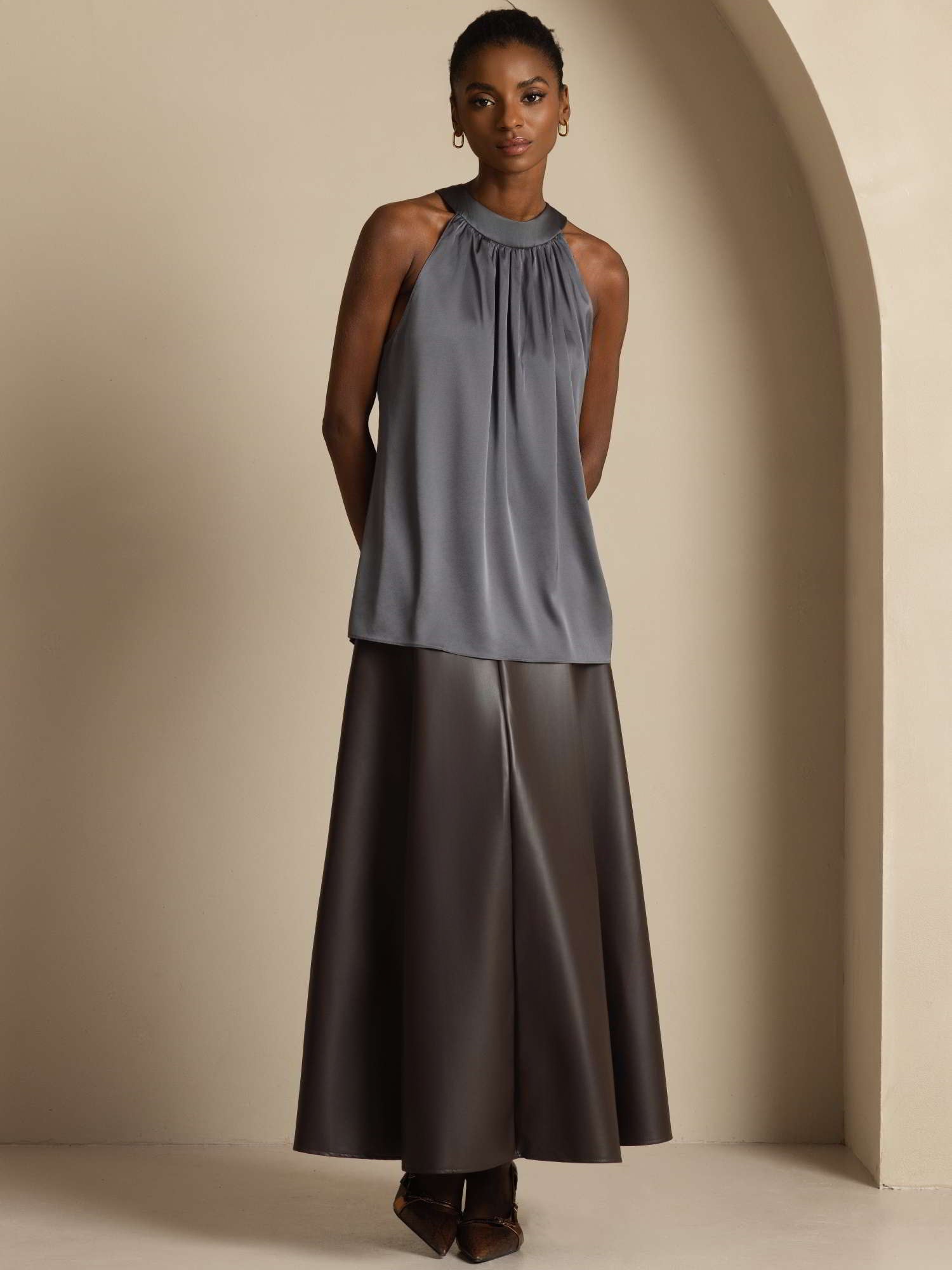 [Gris Foncé] SilkSilky-FR 19Momme Soie Sans manches Womens T-Shirt 003