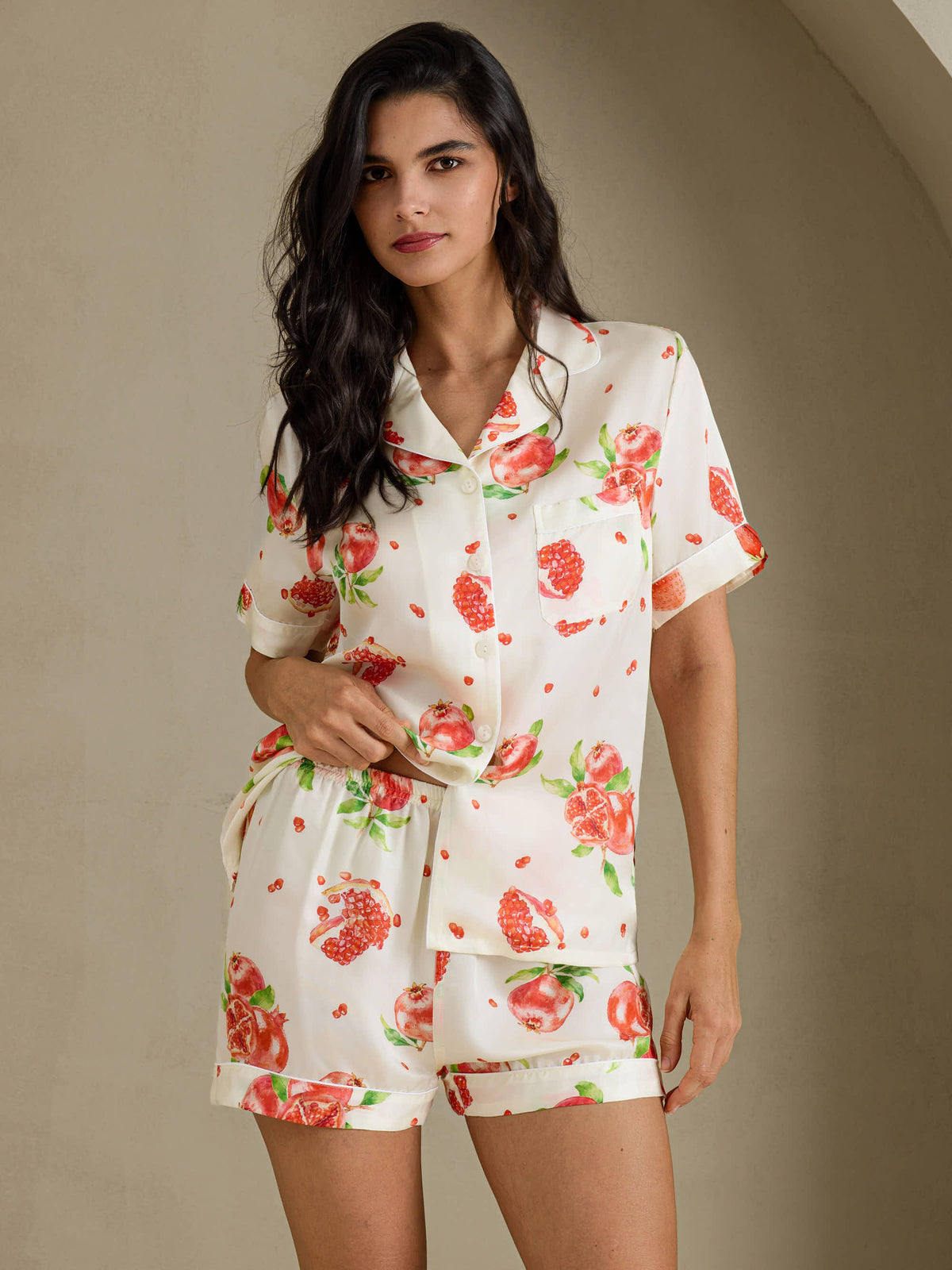 [Grenade Blanche] SilkSilky-FR Short Sleeve Notch Collar Femme Pyjamas 001