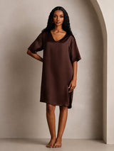 [Brun] SilkSilky-FR Half Sleeve V Neck Chemises de nuit 008