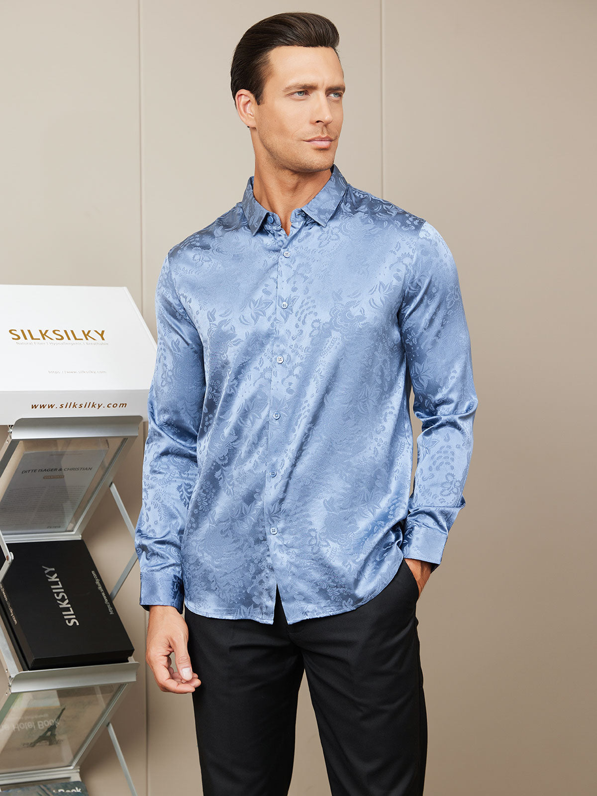 SilkSilky FR Soie Manches longues Col Chemise Homme Chemise Bleu 006