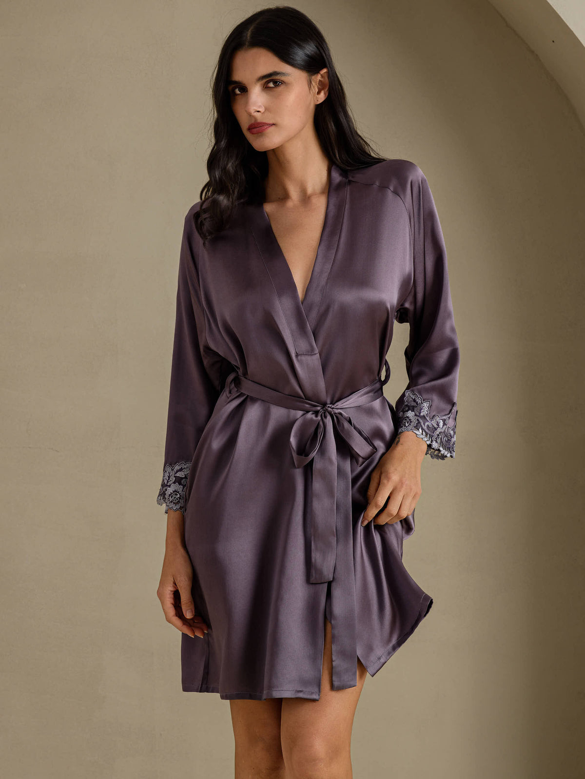 [Gris Pourpre] SilkSilky-FR 3/4 Sleeve Femme Peignoir 001
