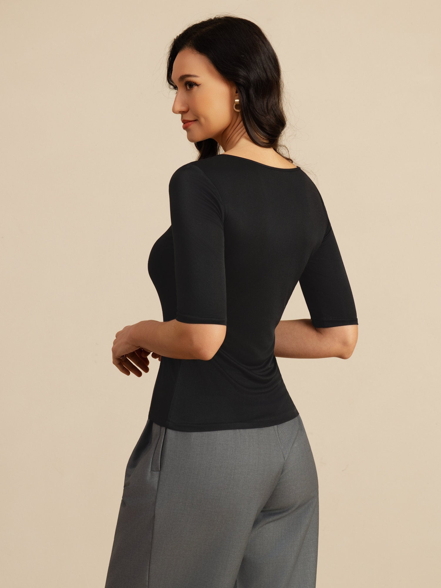 [Noir] SilkSilky-FR Manches mi-longues Encolure Dégagée Femme T-Shirt 002