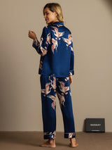 [Bleu Foncé] SilkSilky-FR Long Sleeve Lapel Collar Femme Pyjamas 008
