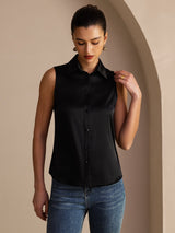 [Noir] SilkSilky-FR Sleeveless Lapel Collar Femme Chemise 005