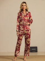[Dragon Bordeaux] SilkSilky-FR Long Sleeve Lapel Collar Femme Pyjamas 001
