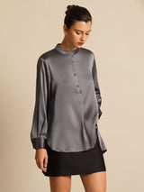 [Gris Foncé] SilkSilky-FR 19Momme Manches longues Col Montant Blouse 005