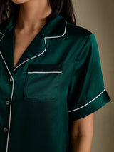 [Vert Foncé] SilkSilky-FR Short Sleeve Lapel Collar Femme Pyjamas 004