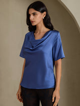 [Bleu Canard Véritable] SilkSilky-FR Short Sleeve Cowl Neck Blouse 003