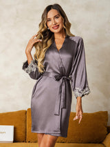 [Gris Pourpre] SilkSilky-FR 3/4 Sleeve Femme Peignoir 001