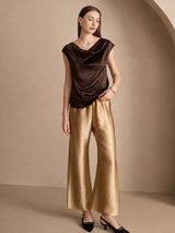 [Chocolat Noir] SilkSilky-FR Cap Sleeve Cowl Neck Femme T-Shirt 005