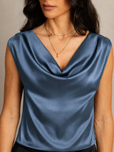 [Bleu Canard Véritable] SilkSilky-FR Cap Sleeve Cowl Neck Femme T-Shirt 004