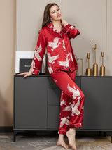 [Rouge Foncé] SilkSilky-FR Long Sleeve Lapel Collar Femme Pyjamas 002