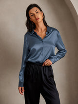 [Bleu Canard Véritable] SilkSilky-FR Long Sleeve Lapel Collar Femme Chemise 001