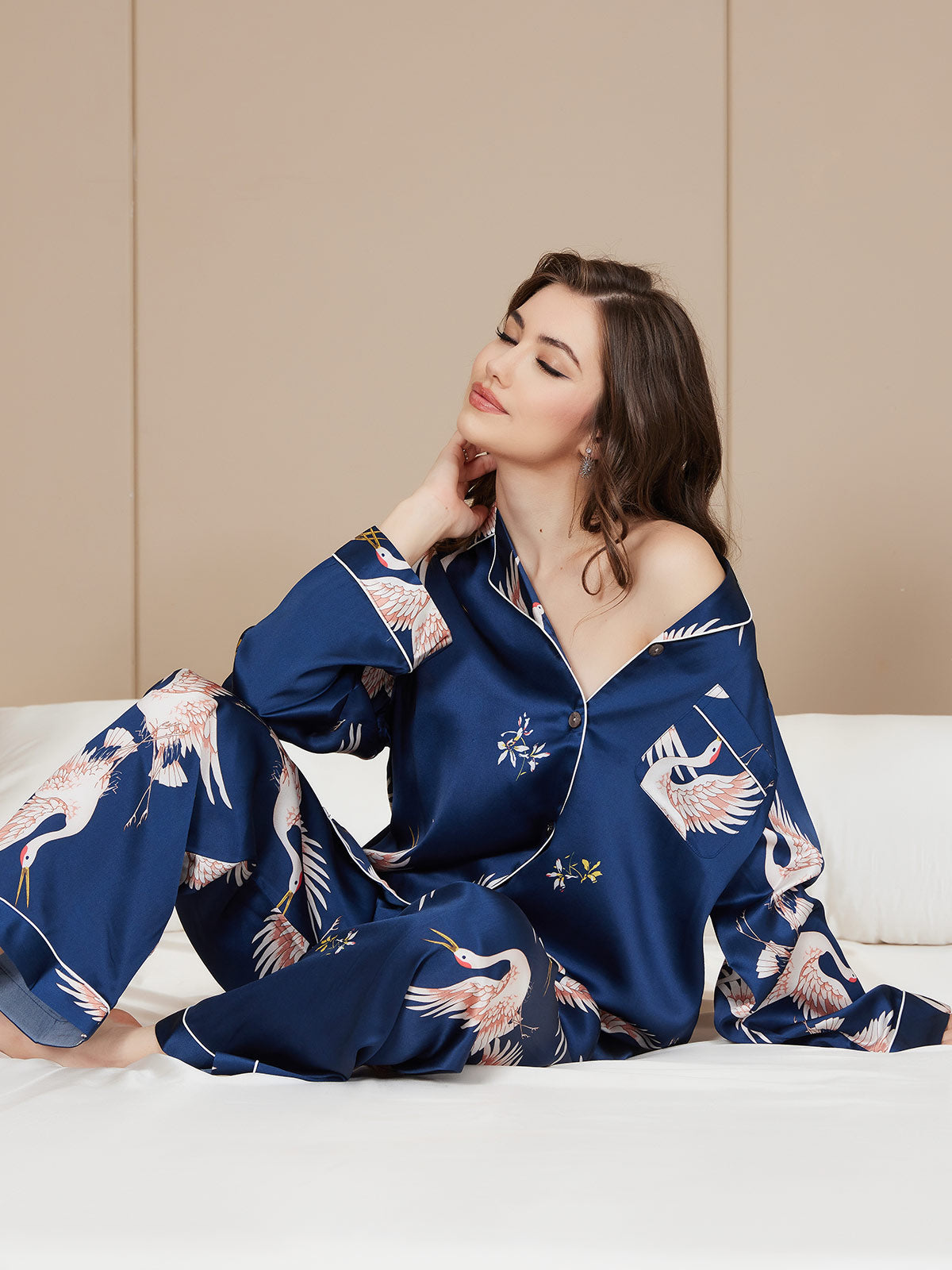 [Bleu Foncé] SilkSilky-FR 19Momme Manches longues Col Cranté Femme Pyjamas 001