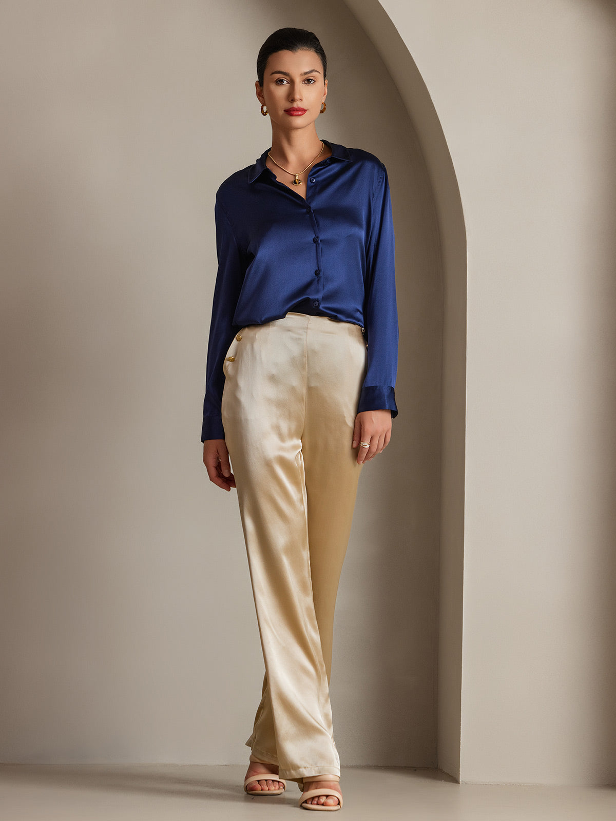 [Bleu Foncé] SilkSilky-FR 19Momme Manches longues Col à Revers Femme Chemise 003