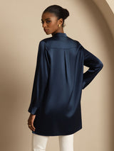 [Bleu Foncé] SilkSilky-FR 19Momme Manches longues Col Montant Blouse 002