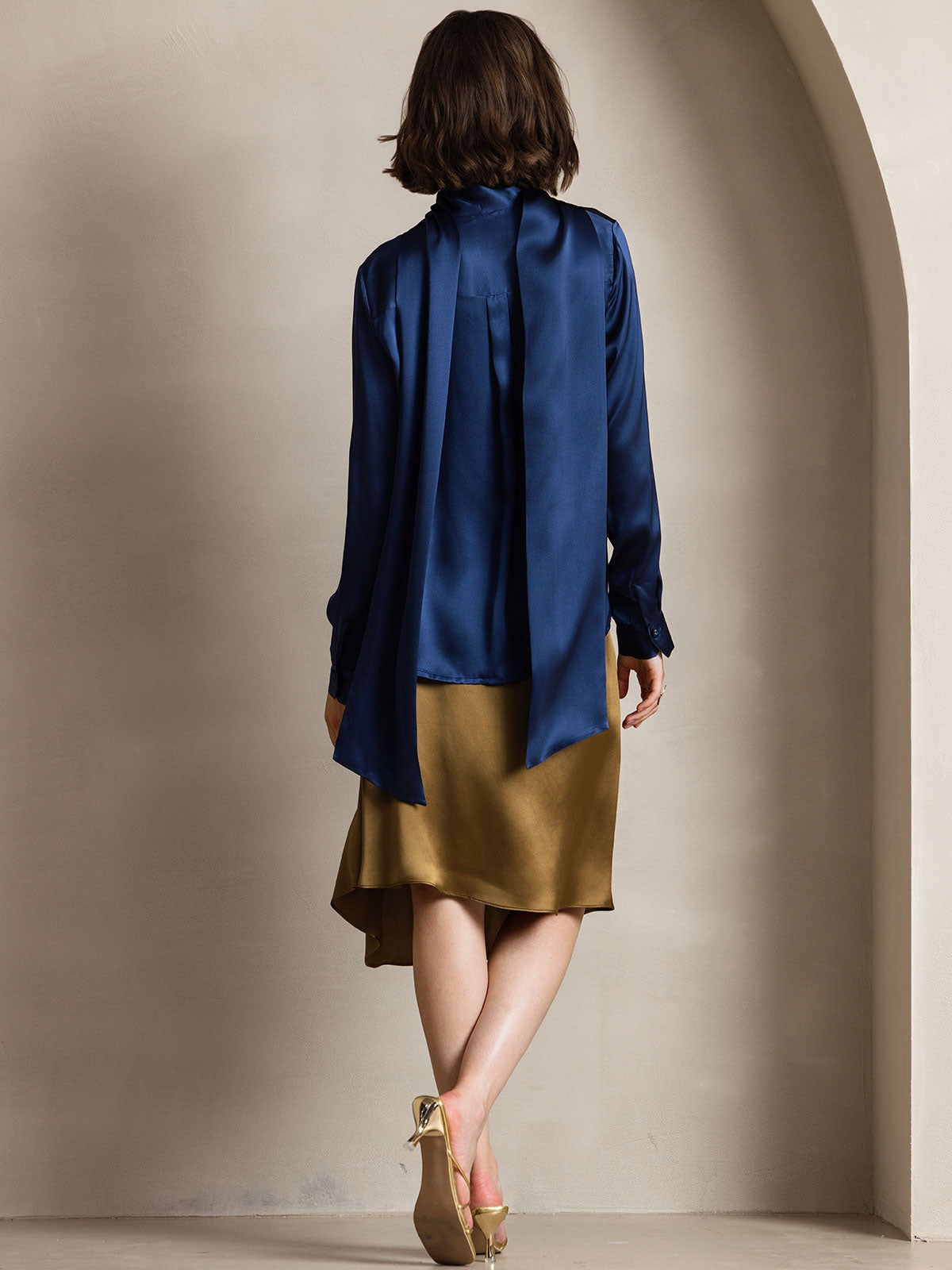 [Bleu Foncé] SilkSilky-FR 19Momme Soie Manches longues Blouse 002