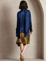 [Bleu Foncé] SilkSilky-FR Long Sleeve High Neck Blouse 002