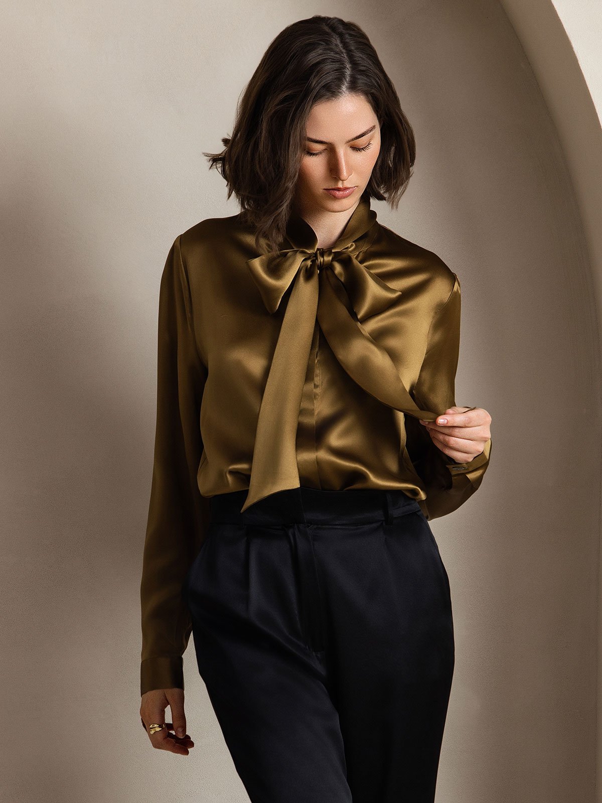 [Brun] SilkSilky-FR 19Momme Manches longues À Nouer Blouse 004