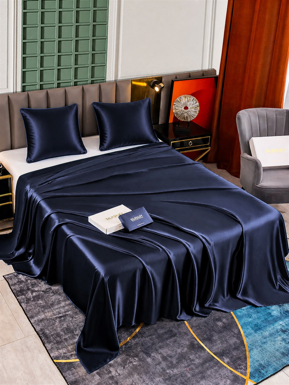 [Bleu Foncé] SilkSilky-FR Parure de Lit Soie 002