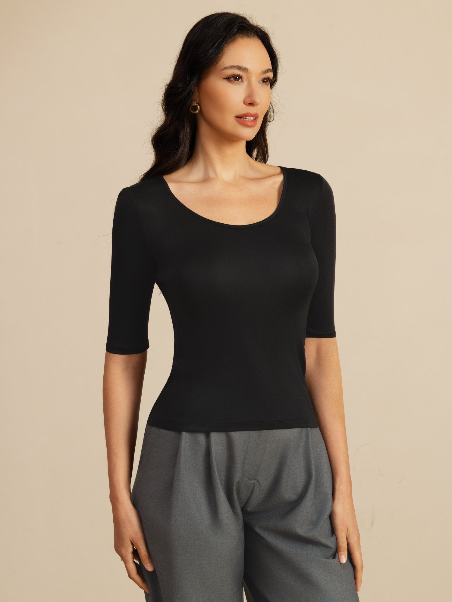 [Noir] SilkSilky-FR Manches mi-longues Encolure Dégagée Femme T-Shirt 001