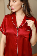 [Rouge Vineux] SilkSilky-FR Manches courtes Col Cranté Femme Pyjamas 008