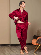 [Rouge Vineux] SilkSilky-FR Pure Soie Manches longues Revers Homme Pyjamas 008
