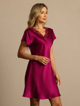 [Rouge Vineux] SilkSilky-FR Short Sleeve V Neck Chemises de nuit 005