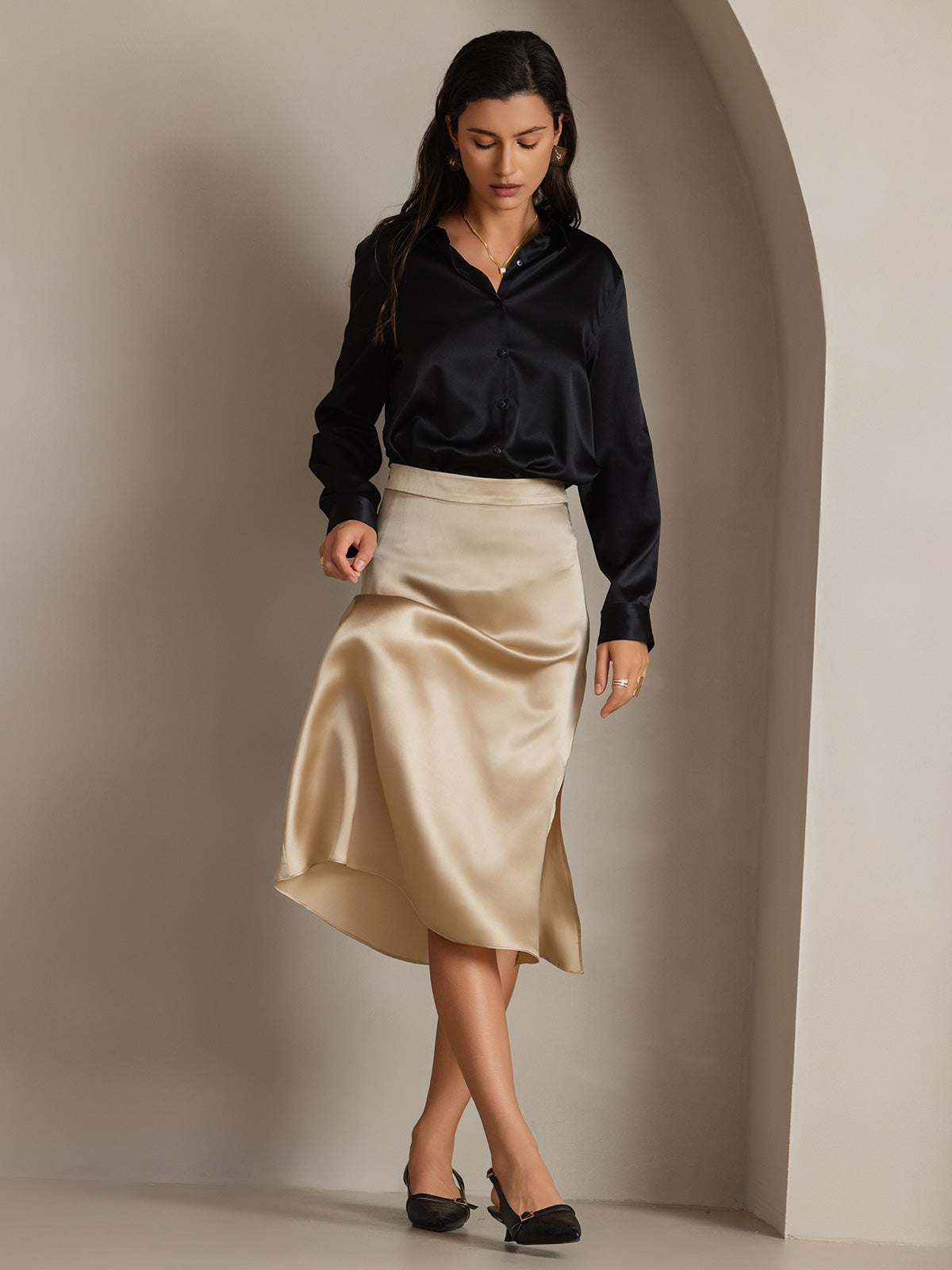 [Noir] SilkSilky-FR 19Momme Manches longues Col à Revers Femme Chemise 005