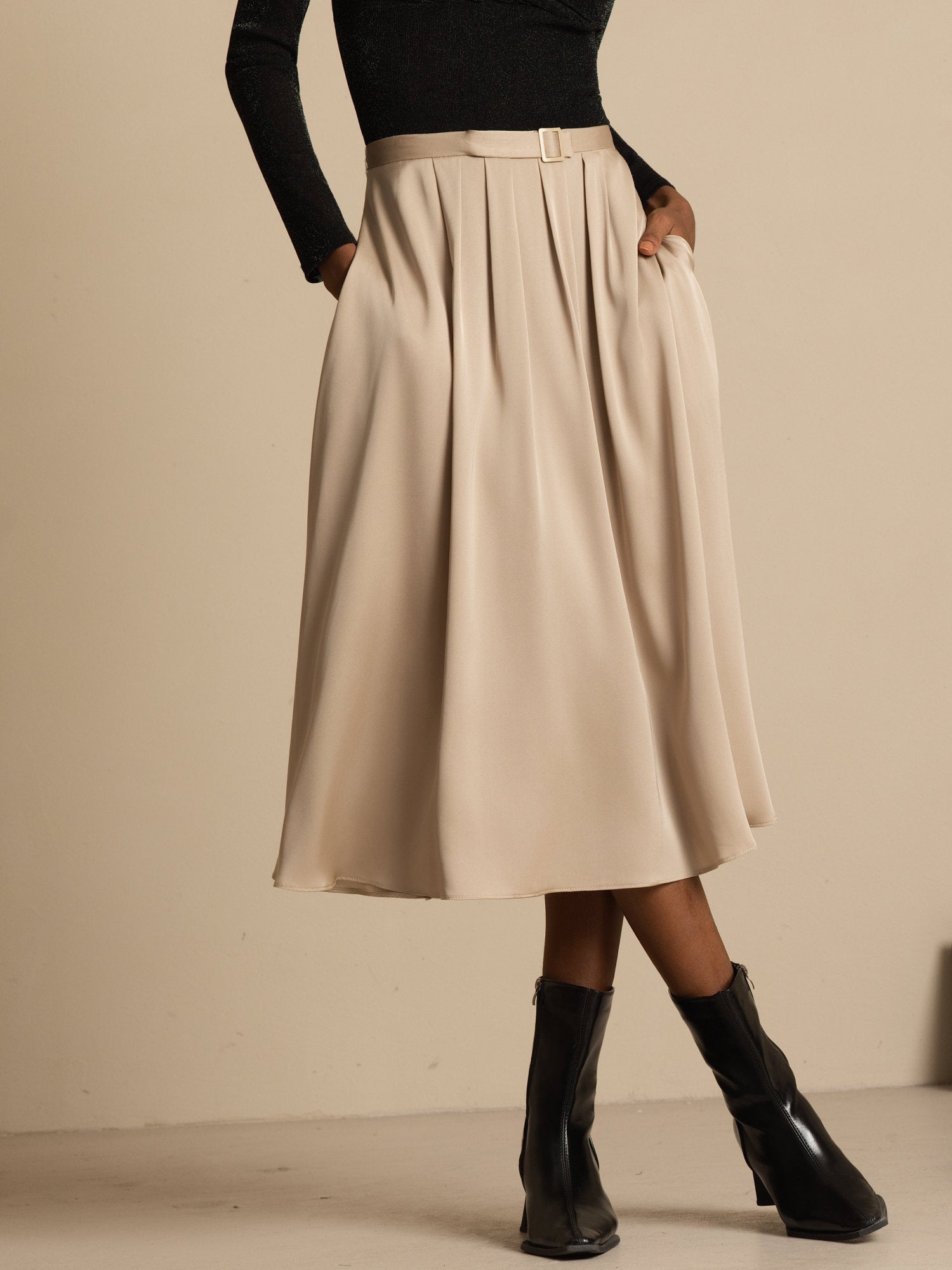 [Tan] SilkSilky-FR 19Momme Soie Skirt 001