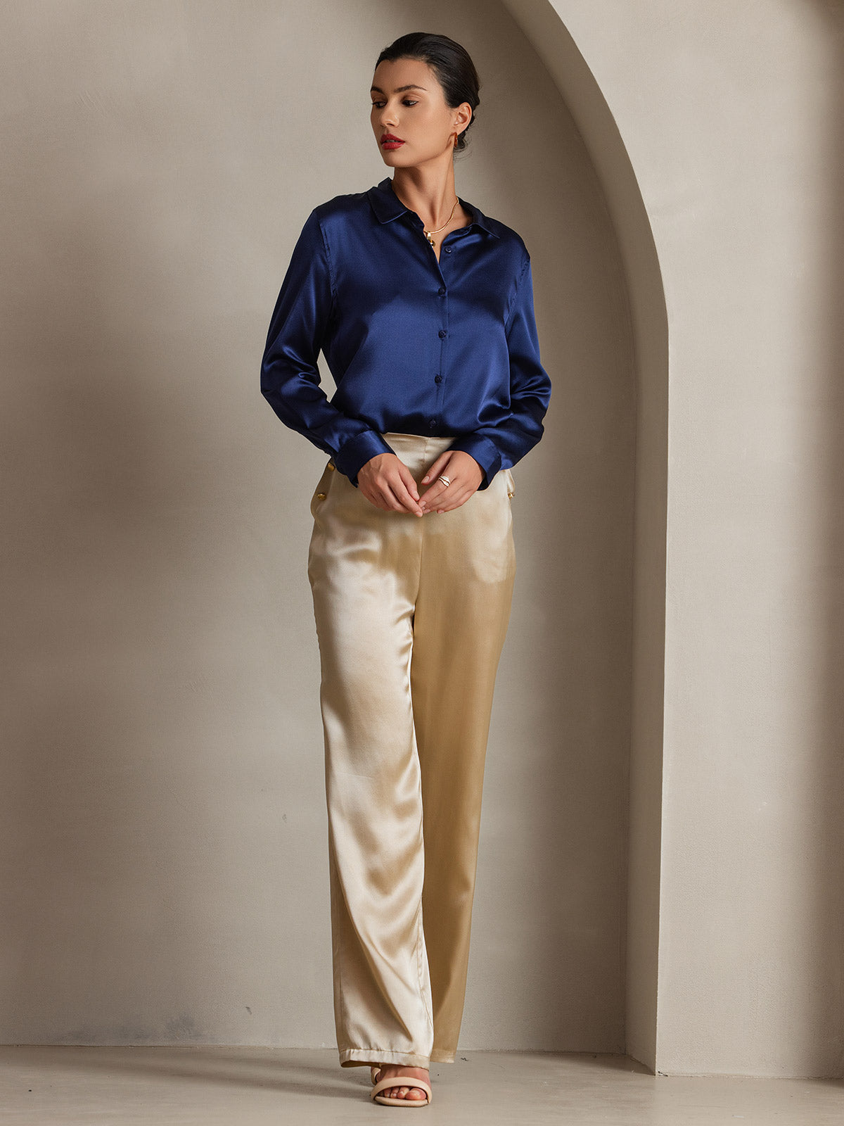 [Bleu Foncé] SilkSilky-FR 19Momme Manches longues Col à Revers Femme Chemise 006