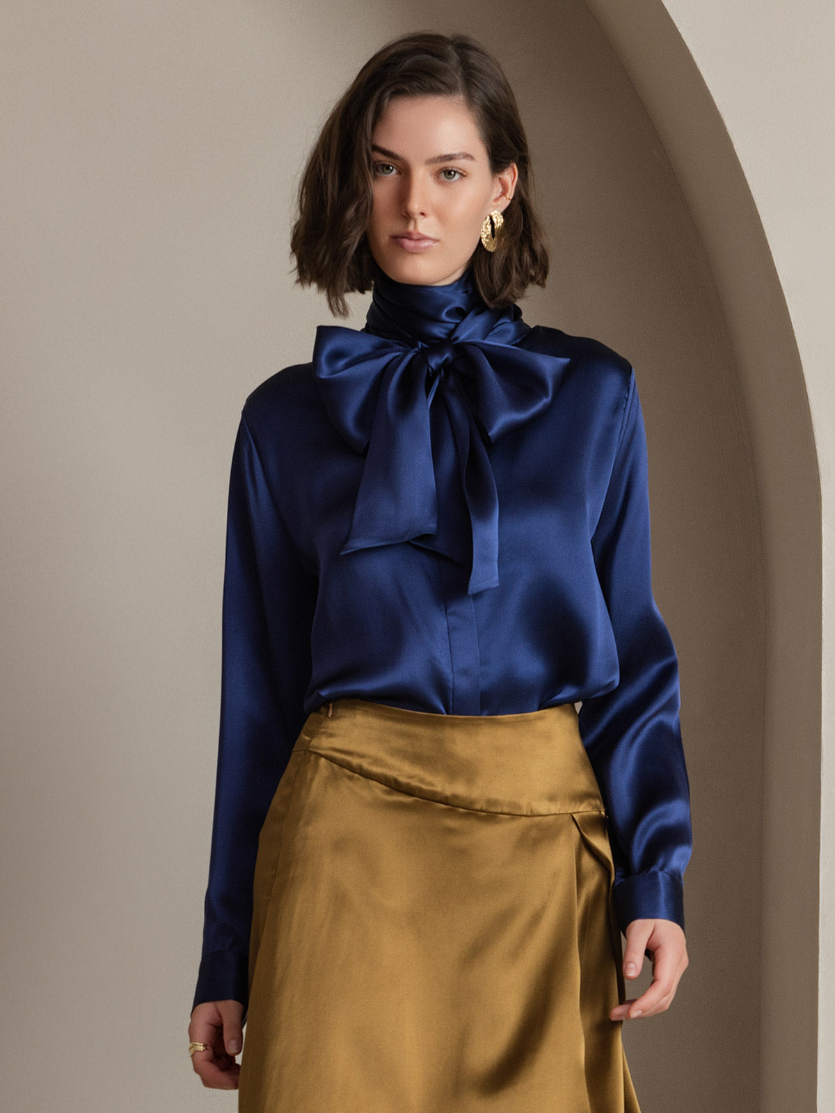 [Bleu Foncé] SilkSilky-FR 19Momme Soie Manches longues Blouse 001