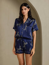 [Zèbre Bleu Marine] SilkSilky-FR Short Sleeve Lapel Collar Femme Pyjamas 006