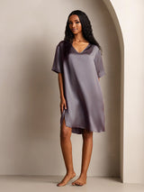 [Gris Pourpre] SilkSilky-FR Half Sleeve V Neck Chemises de nuit 001