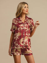[Dragon Bordeaux] SilkSilky-FR Manches courtes Col Cranté Femme Pyjamas 001