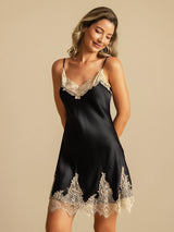 [Noir+Beige] SilkSilky-FR Sleeveless V Neck Chemises de nuit 007