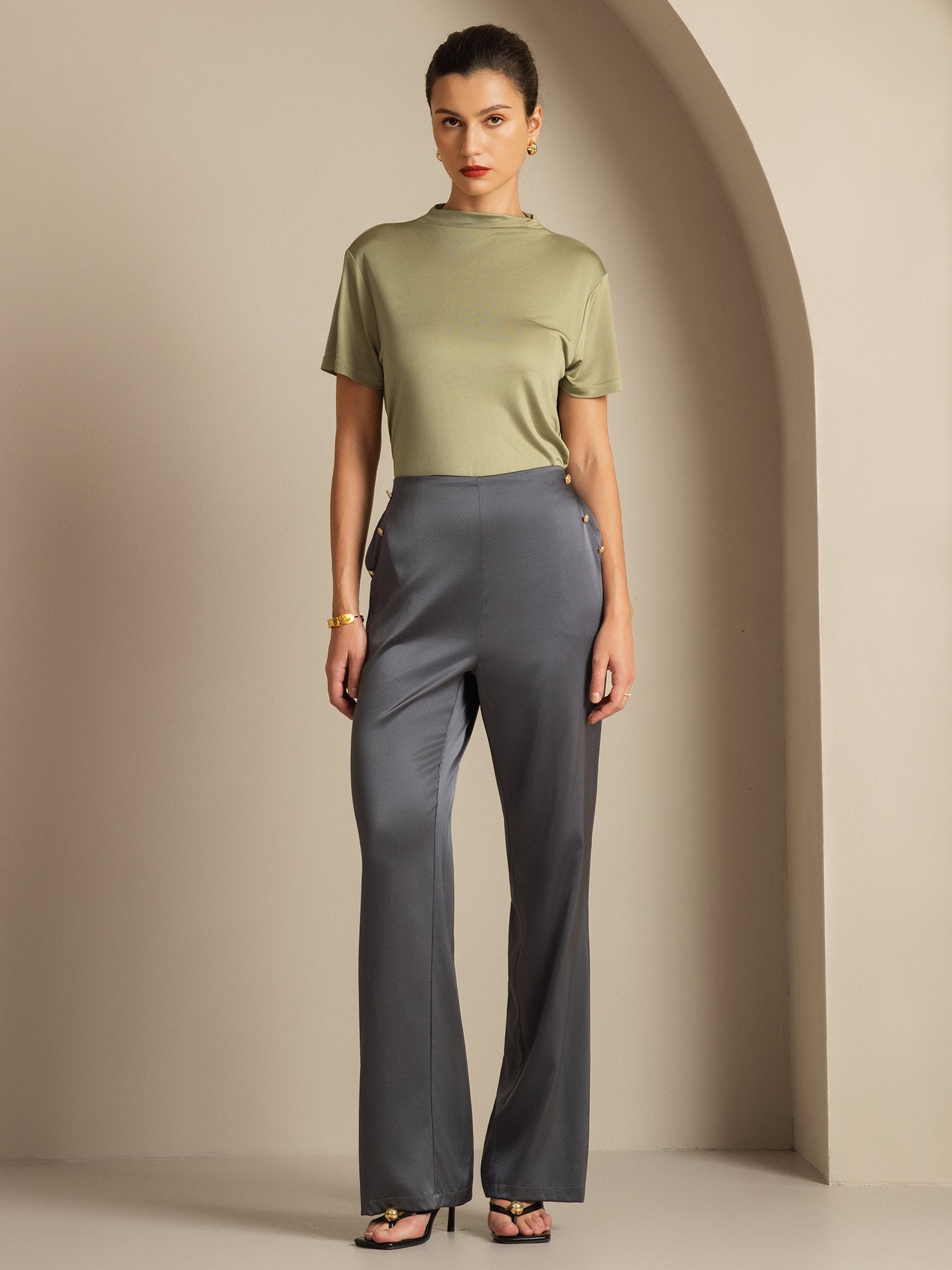 [Gris Foncé] SilkSilky-FR 19Momme Soie Womens Pants 008,