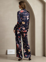 [Floral Marine] SilkSilky-FR 19Momme Soie Col Chemise Women''s Outfit Sets 002